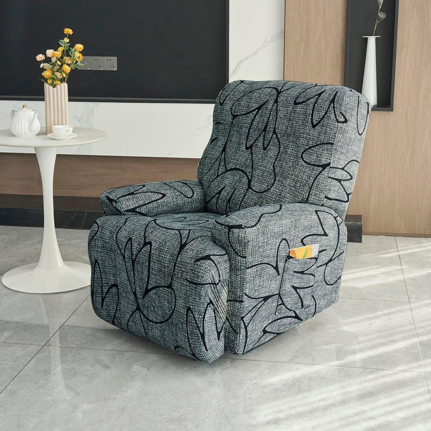 Elastic Stretchable Printed 140gsm Fully Covered Recliner Sofa Cover, Intense Grey Abstract Floral - HOKIPO | Har Ghar ka Humsafar