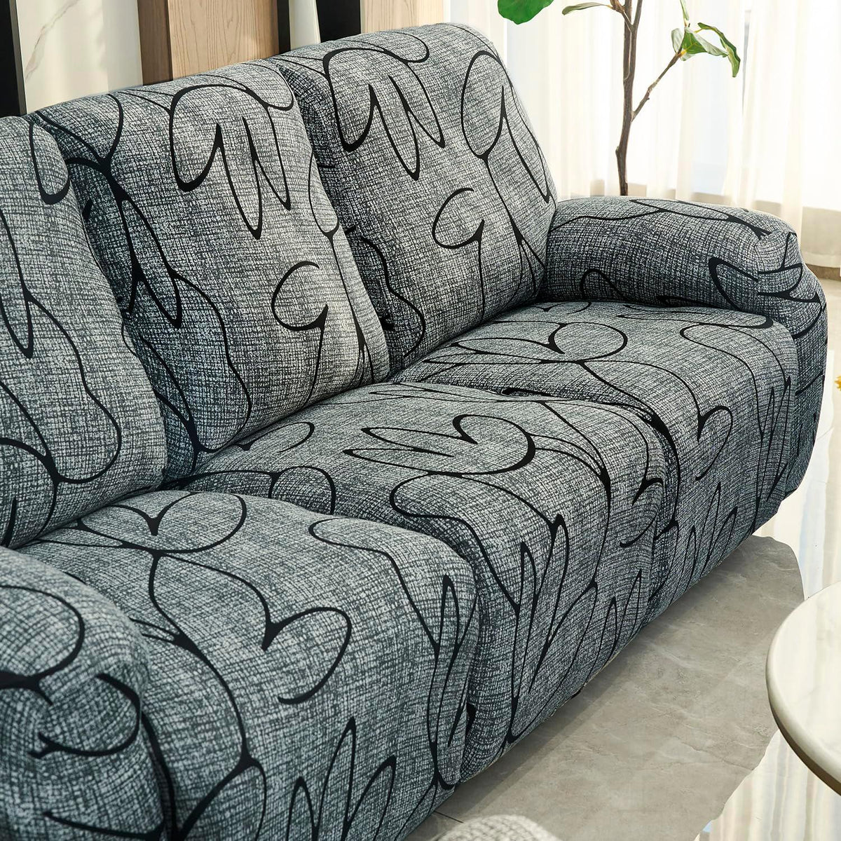 Stylish three seater Intense Grey Abstract Floral Print elastic stretchable polyester recliner cover
