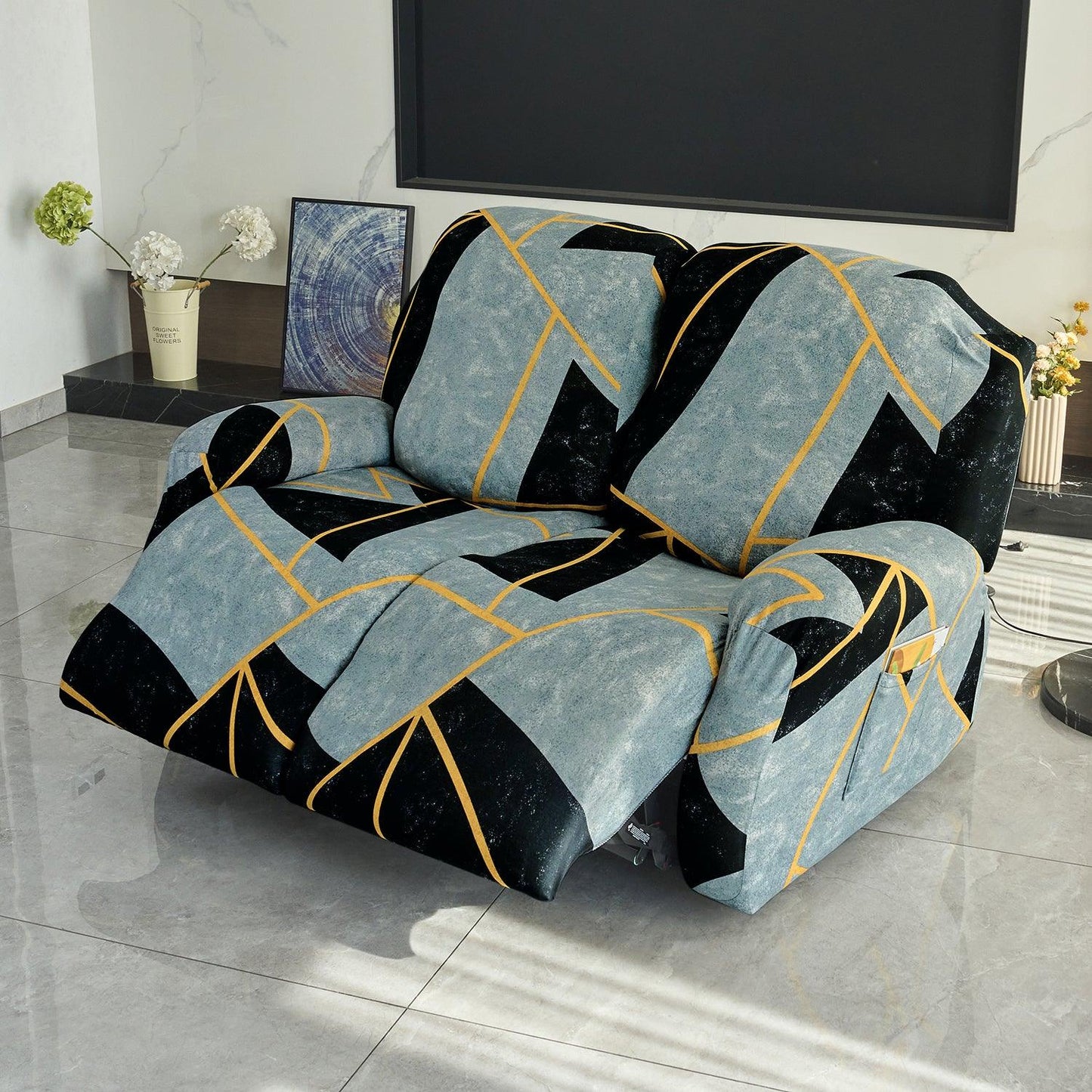 Elastic Stretchable Printed 140gsm Fully Covered Recliner Sofa Cover, Multicolor Abstract Geometry - HOKIPO | Har Ghar ka Humsafar