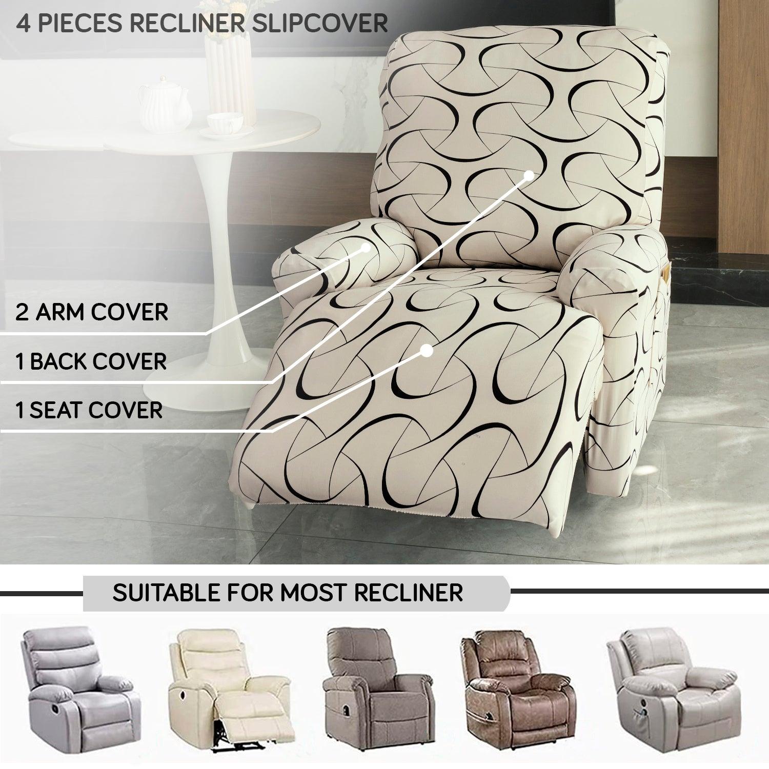 Elastic Stretchable Printed 140gsm Fully Covered Recliner Sofa Cover, Natural Beige Abstract Art - HOKIPO | Har Ghar ka Humsafar