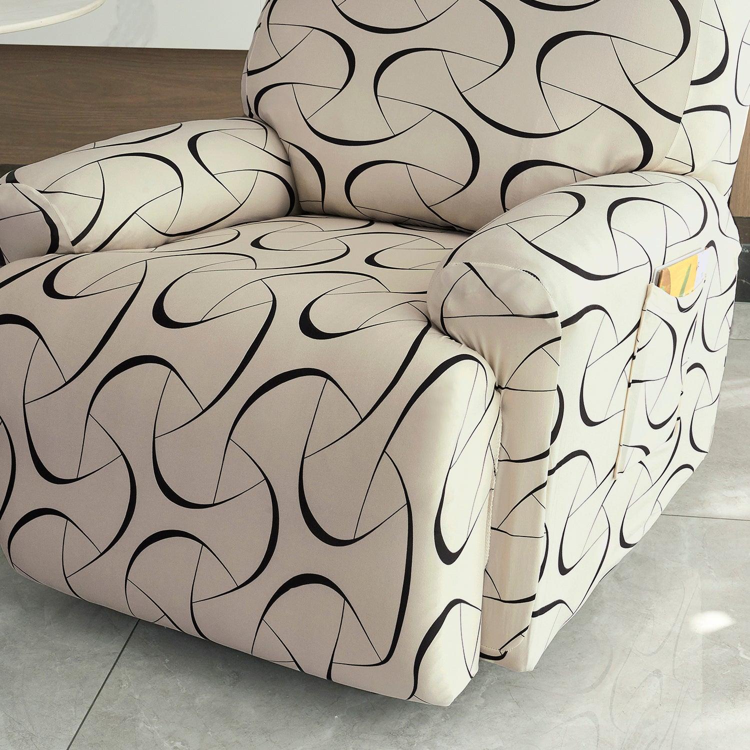 Elastic Stretchable Printed 140gsm Fully Covered Recliner Sofa Cover, Natural Beige Abstract Art - HOKIPO | Har Ghar ka Humsafar