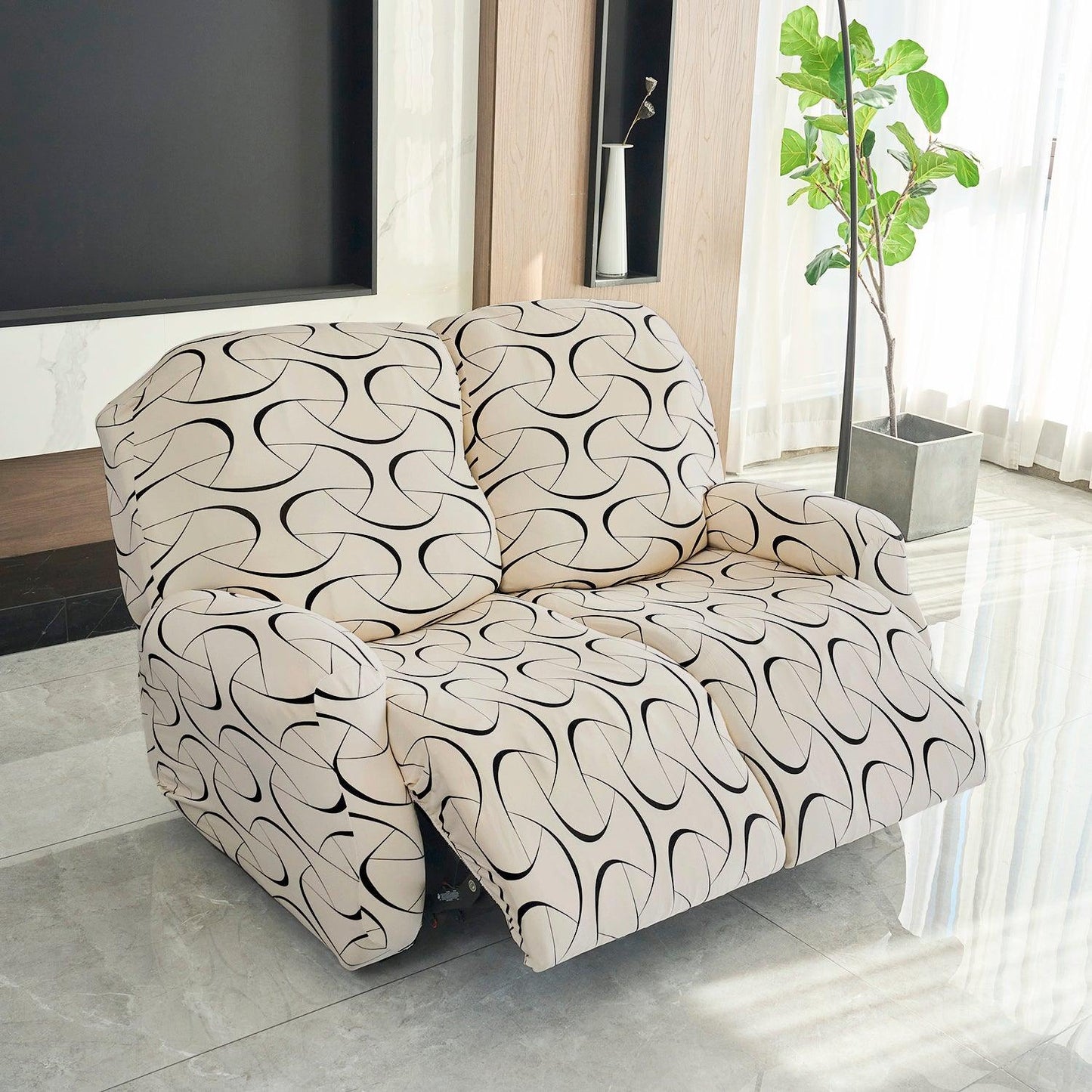 Elastic Stretchable Printed 140gsm Fully Covered Recliner Sofa Cover, Natural Beige Abstract Art - HOKIPO | Har Ghar ka Humsafar