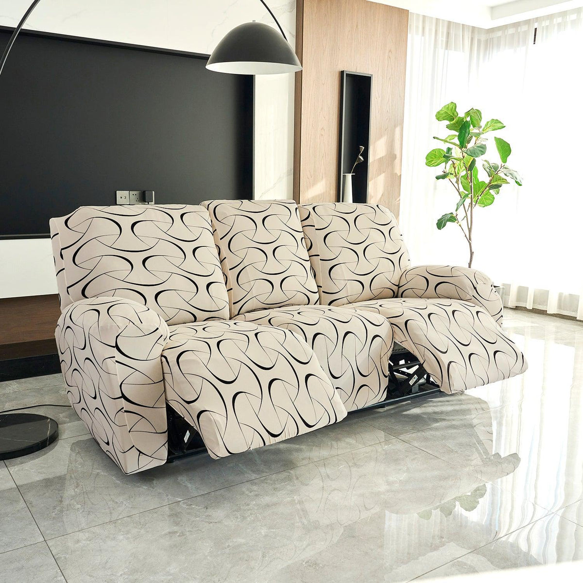 Buy Natural Beige Colour Abstract Art Print elastic full fitted polyester 3 seater recliner sofa cover
