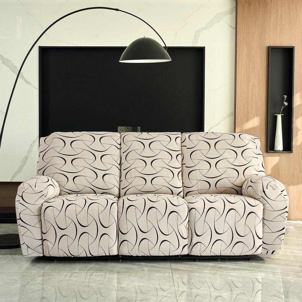 Stylish three seater Natural Beige Colour Abstract Art Print elastic stretchable polyester recliner cover
