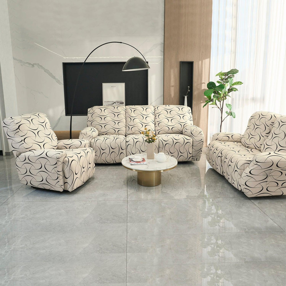 Buy Natural Beige Colour Abstract Art Print elastic stretchable polyester 1,2,3 seater recliner covers set
