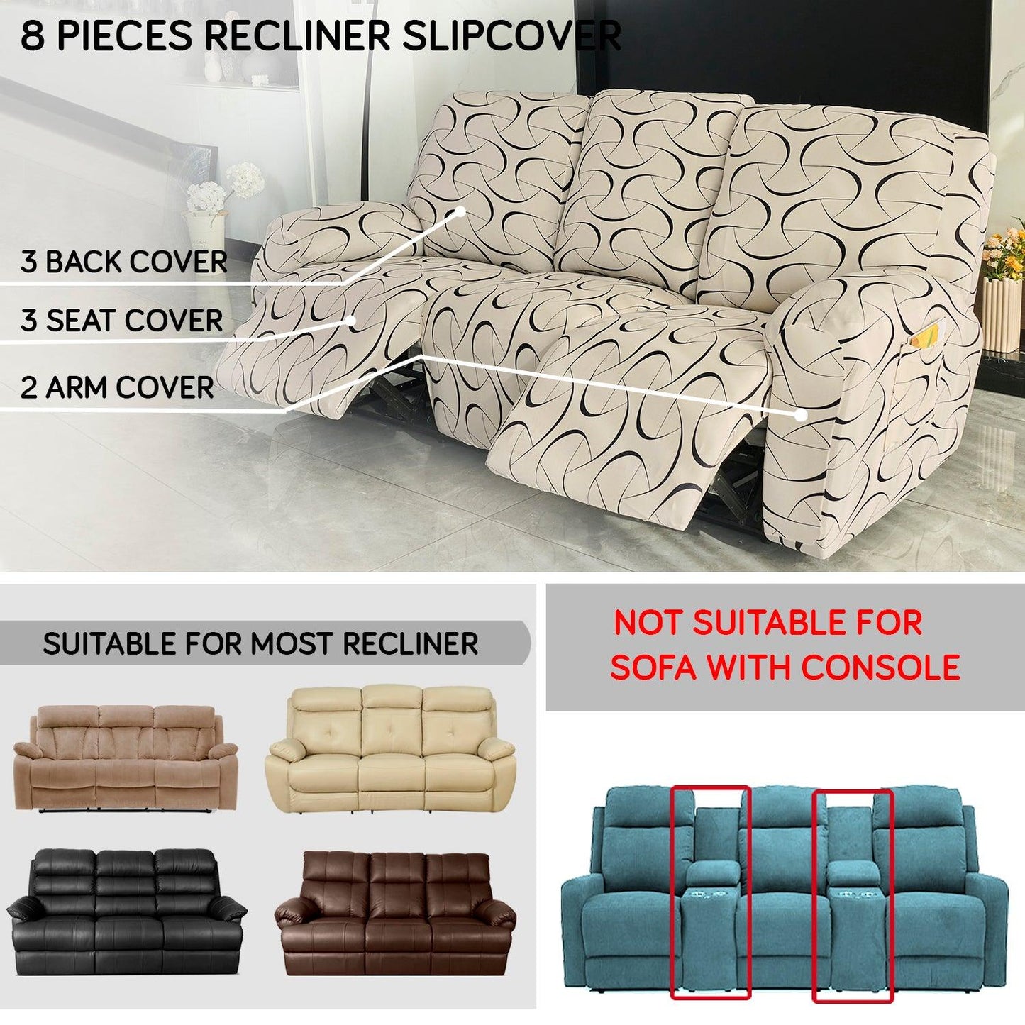 Elastic Stretchable Printed 140gsm Fully Covered Recliner Sofa Cover, Natural Beige Abstract Art - HOKIPO | Har Ghar ka Humsafar