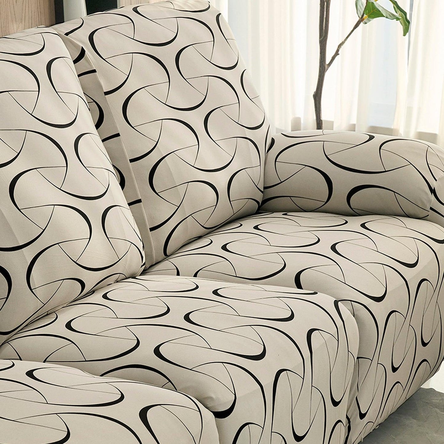 Elastic Stretchable Printed 140gsm Fully Covered Recliner Sofa Cover, Natural Beige Abstract Art - HOKIPO | Har Ghar ka Humsafar