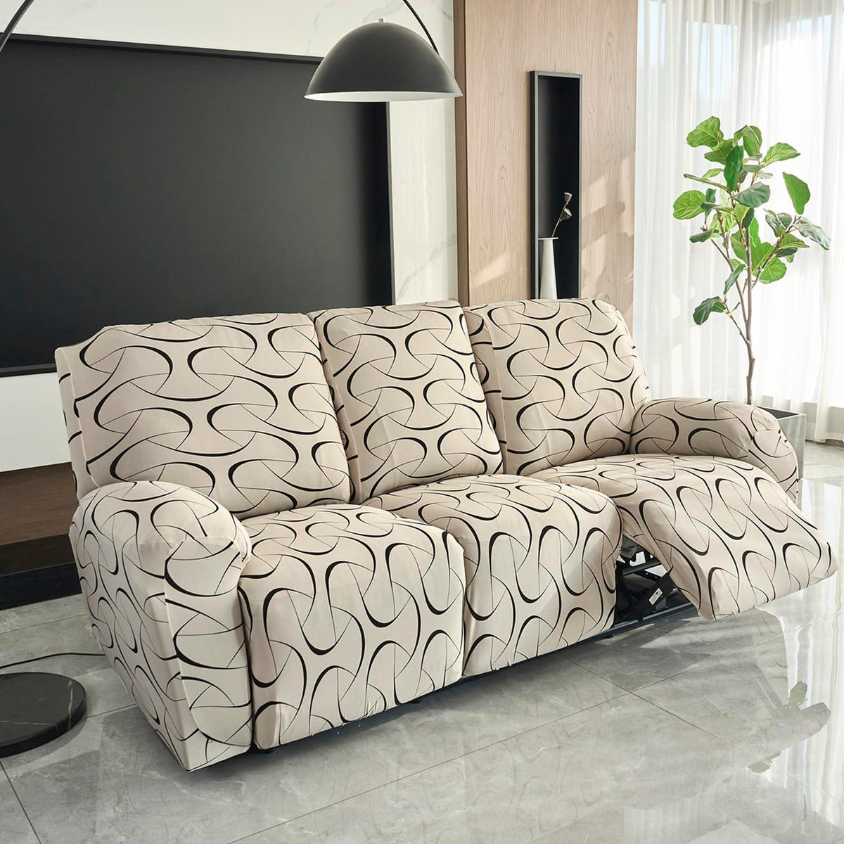 3 seater Natural Beige Colour Abstract Art Print elastic stretchable polyester recliner sofa cover
