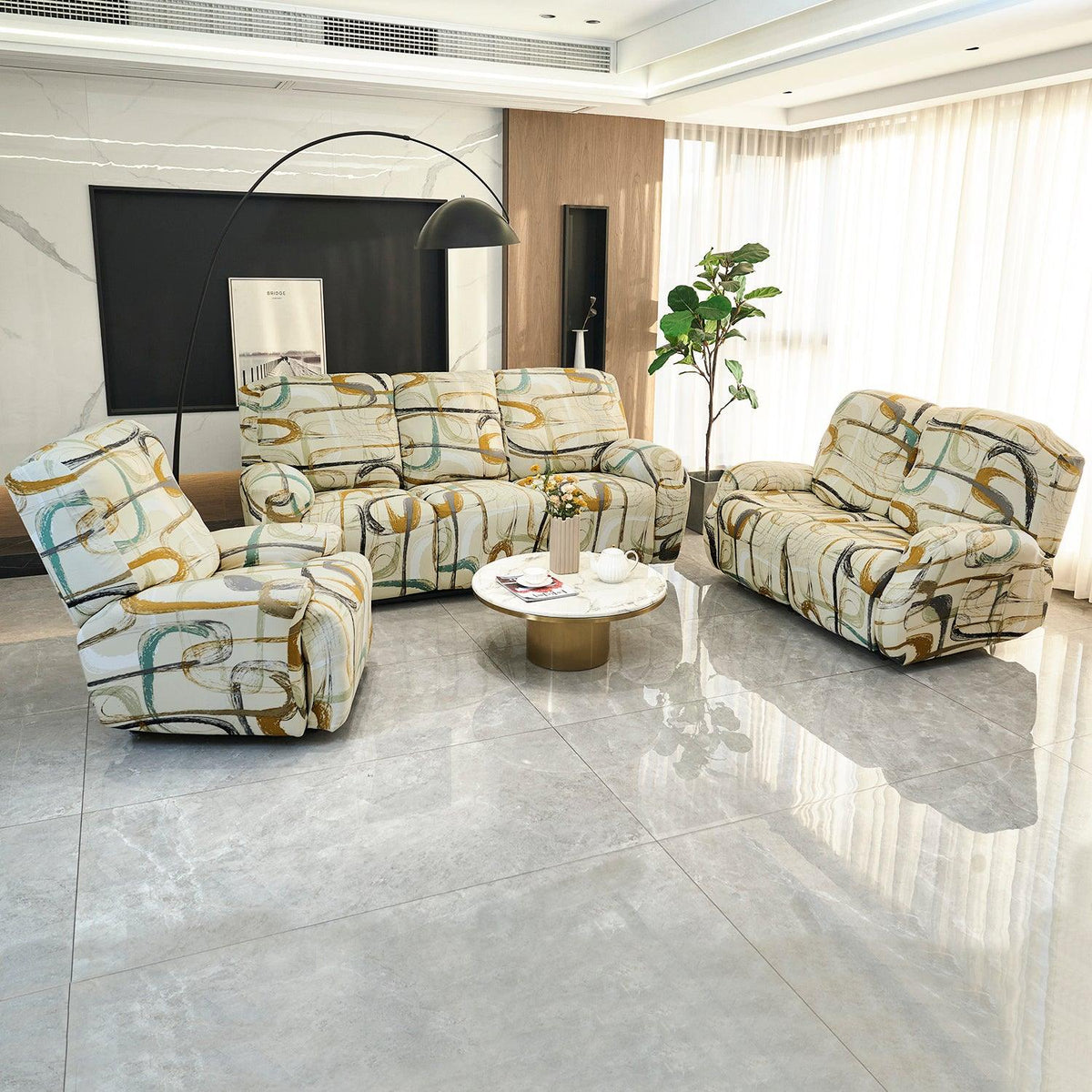Beige Abstract Art Print elastic stretchable polyester 1,2,3 seater recliner covers set
