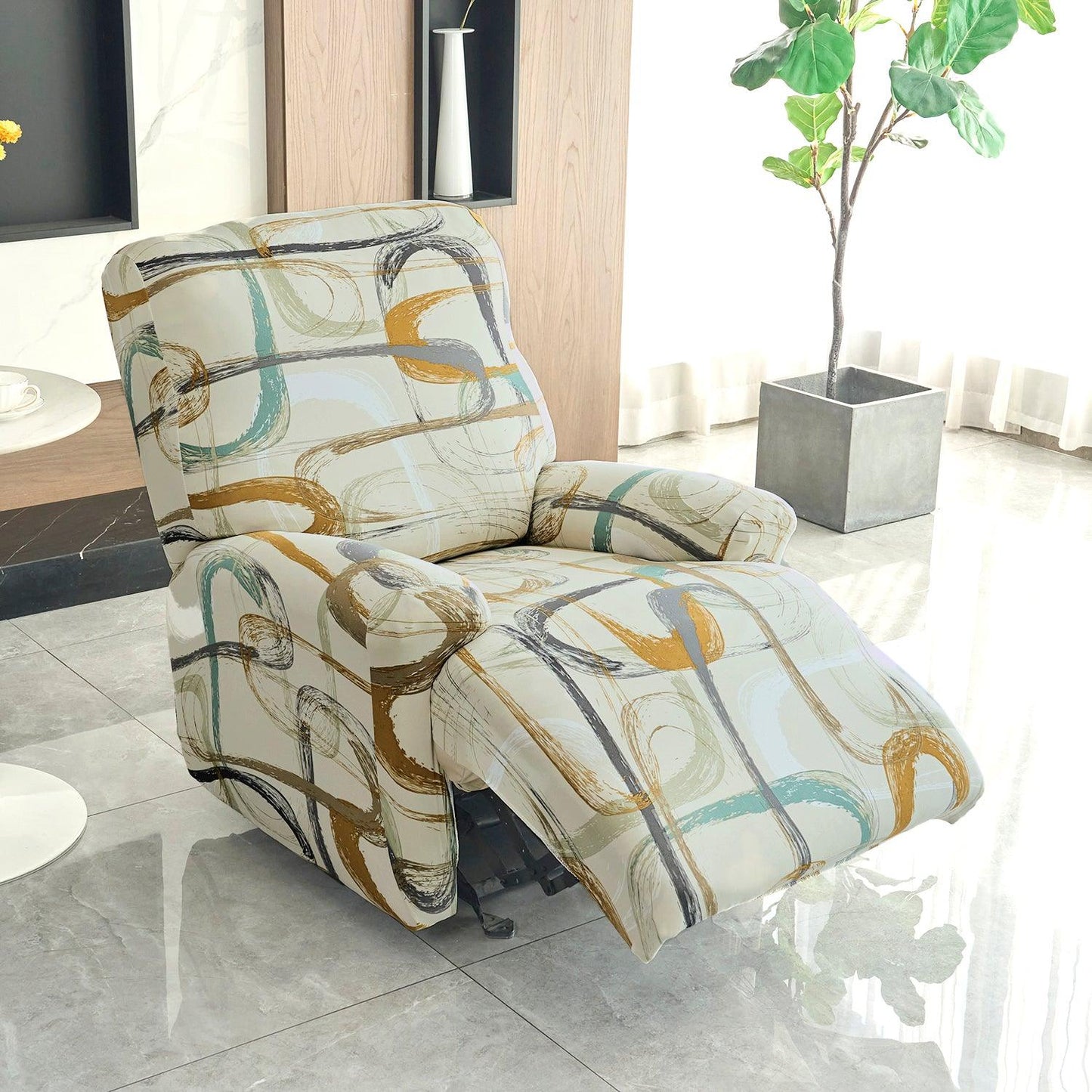 Elastic Stretchable Printed 140gsm Fully Covered Recliner Sofa Cover, Parchement Beige Abstract Art - HOKIPO | Har Ghar ka Humsafar