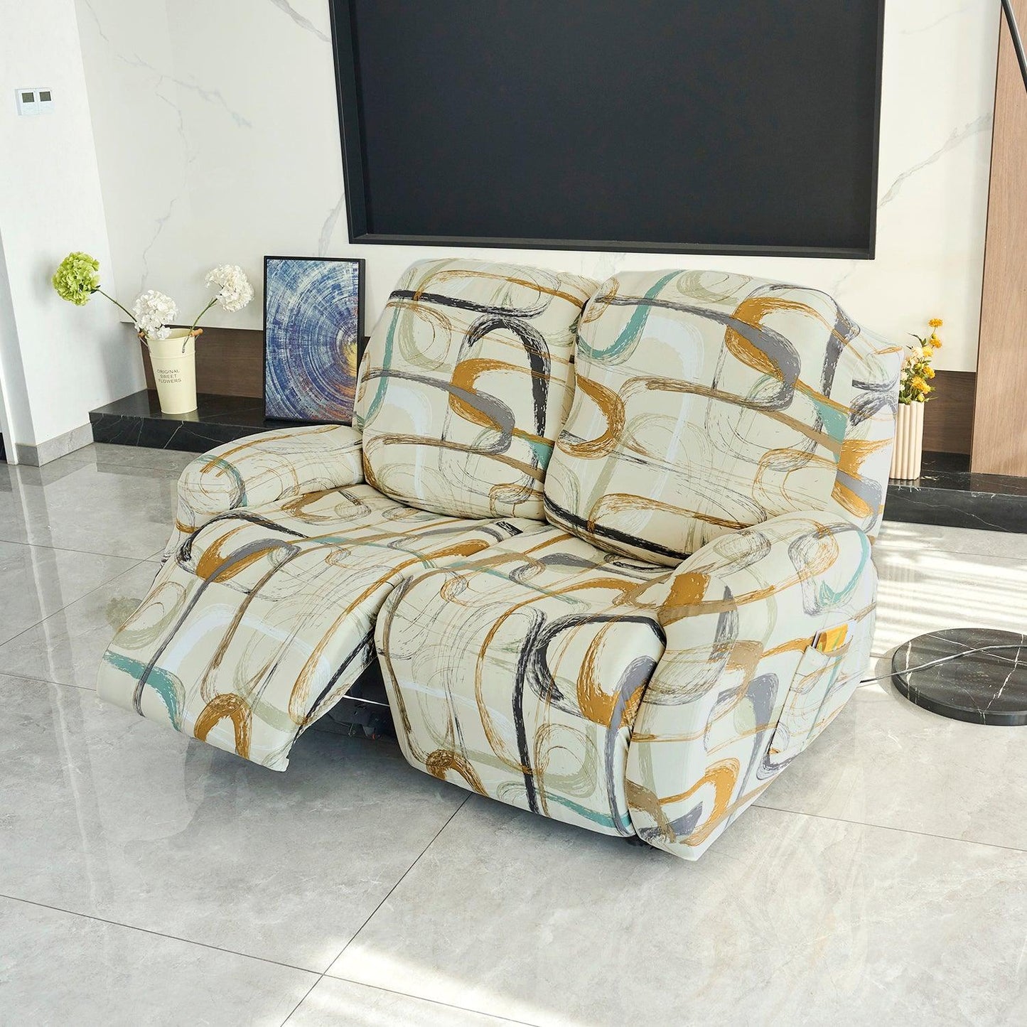 Elastic Stretchable Printed 140gsm Fully Covered Recliner Sofa Cover, Parchement Beige Abstract Art - HOKIPO | Har Ghar ka Humsafar