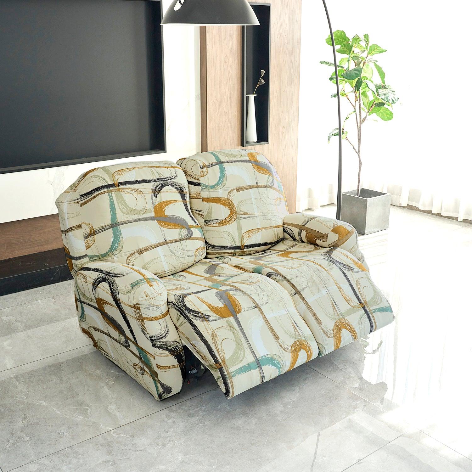 Elastic Stretchable Printed 140gsm Fully Covered Recliner Sofa Cover, Parchement Beige Abstract Art - HOKIPO | Har Ghar ka Humsafar