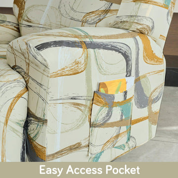 Beige Abstract Art Print elastic stretchable polyester recliner sofa cover with pockets
