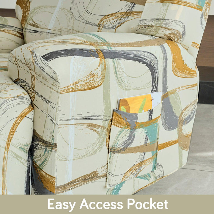 Beige Abstract Art Print elastic stretchable polyester recliner sofa cover with pockets

