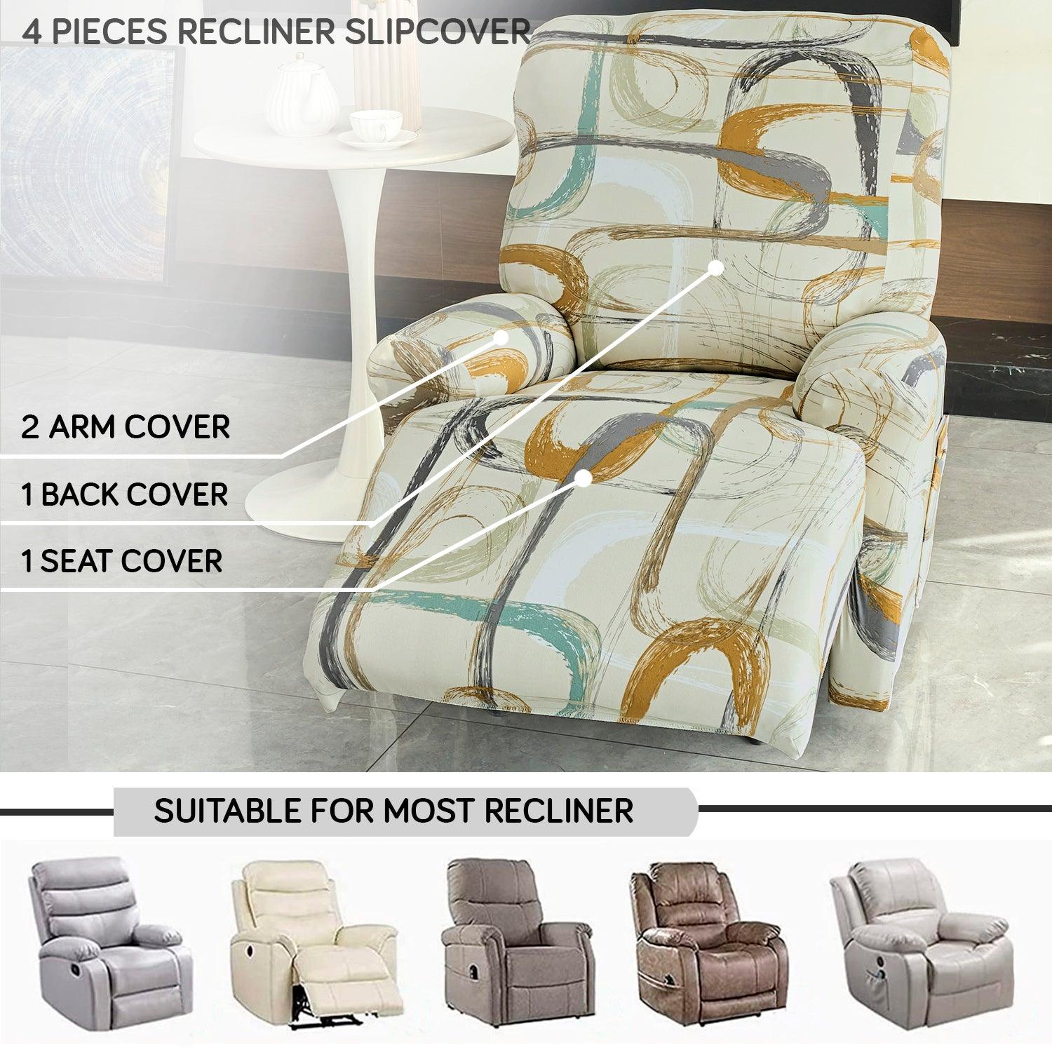 Elastic Stretchable Printed 140gsm Fully Covered Recliner Sofa Cover, Parchement Beige Abstract Art - HOKIPO | Har Ghar ka Humsafar