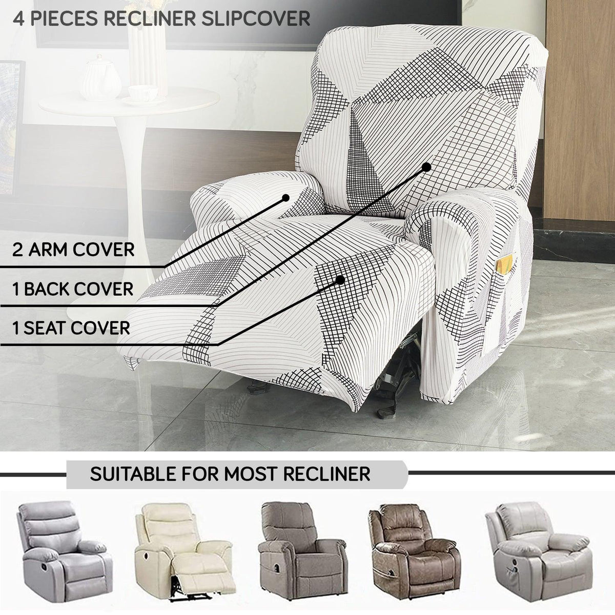 Elastic Stretchable Printed 140gsm Fully Covered Recliner Sofa Cover, Snow White Black Geometry - HOKIPO | Har Ghar ka Humsafar