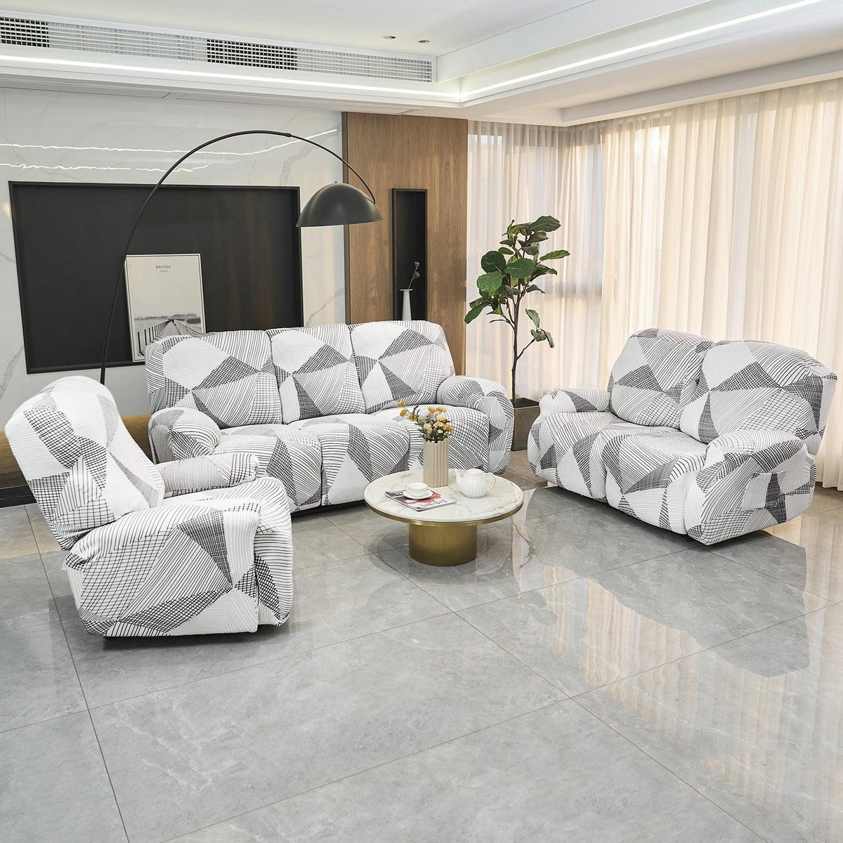 BUy Best Snow White & Black Geometry Print1, 2, 3 seater elastic recliner sofa cover with pockets
