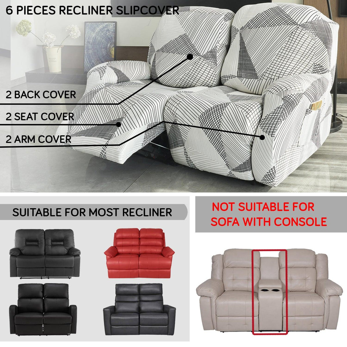 Elastic Stretchable Printed 140gsm Fully Covered Recliner Sofa Cover, Snow White Black Geometry - HOKIPO | Har Ghar ka Humsafar
