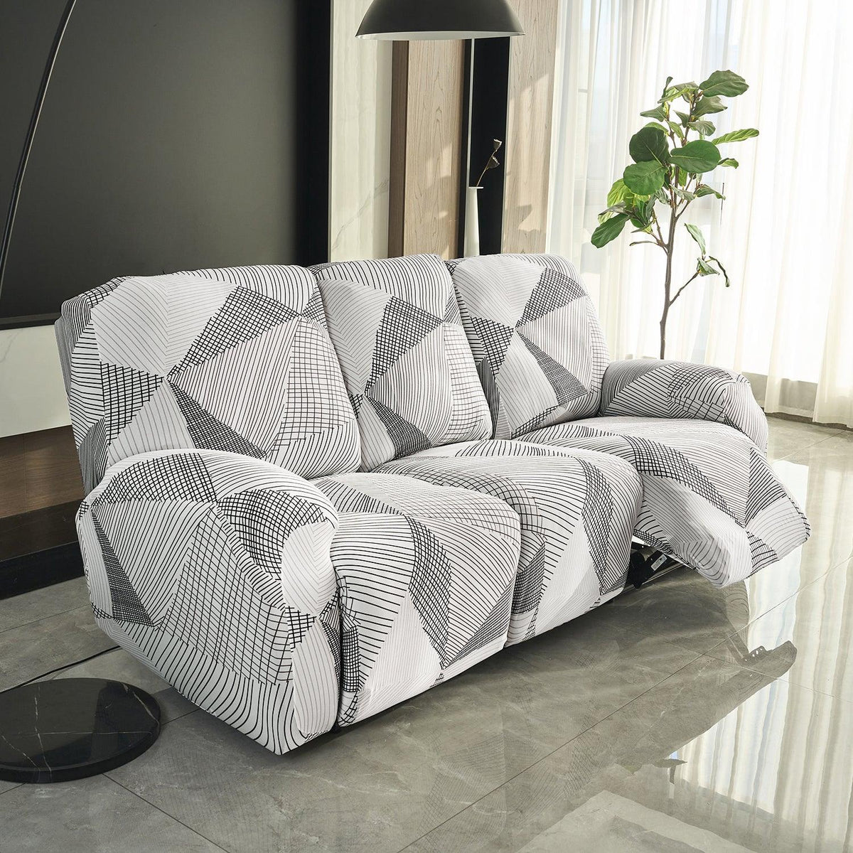 3 seater Snow White & Black Geometry Print elastic stretchable polyester recliner cover
