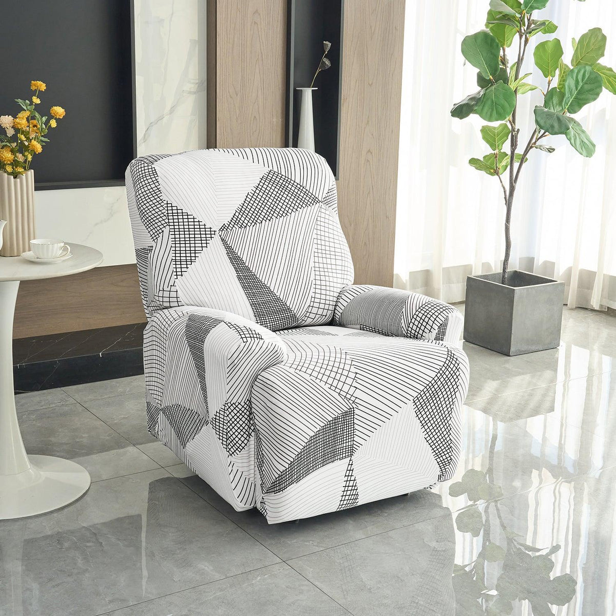 Buy Snow White & Black Geometry Print elastic stretchable polyester 1 seater recliner sofa cover
