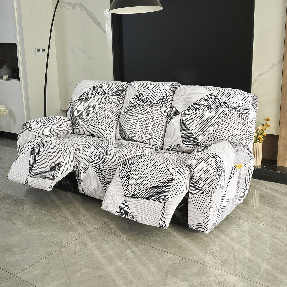 3 seater Snow White & Black Geometry Print elastic stretchable polyester recliner sofa cover
