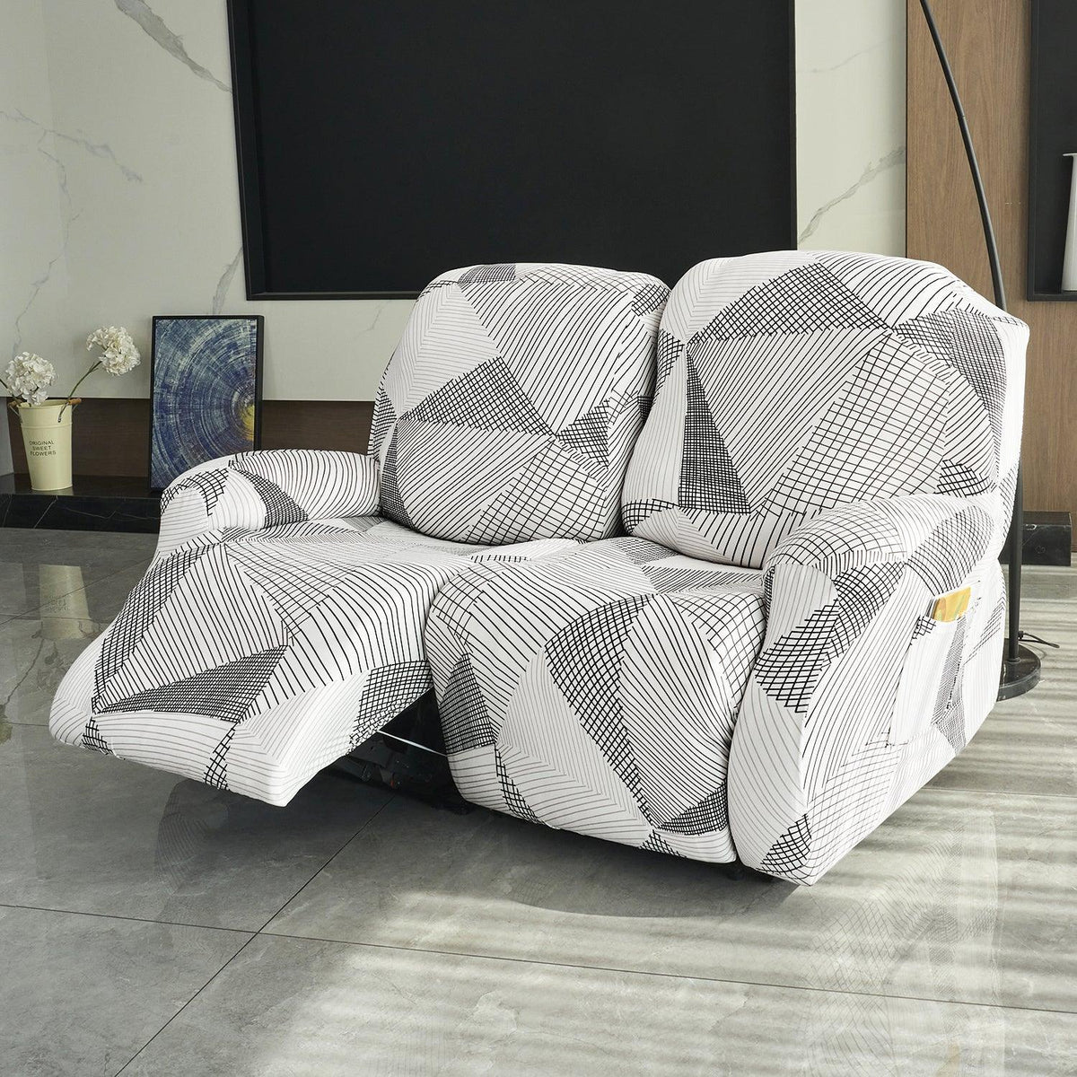 Elastic Stretchable Printed 140gsm Fully Covered Recliner Sofa Cover, Snow White Black Geometry - HOKIPO | Har Ghar ka Humsafar