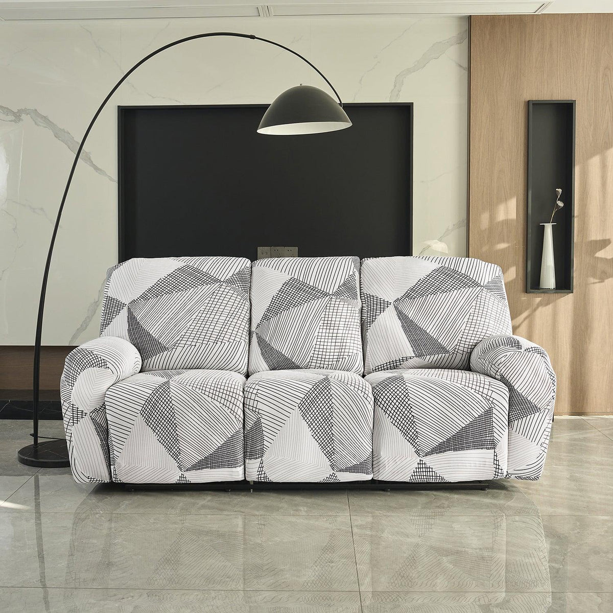 Elastic Stretchable Printed 140gsm Fully Covered Recliner Sofa Cover, Snow White Black Geometry - HOKIPO | Har Ghar ka Humsafar