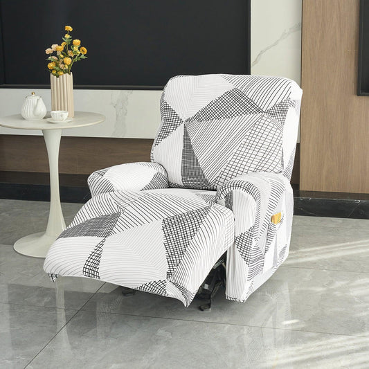 Elastic Stretchable Printed 140gsm Fully Covered Recliner Sofa Cover, Snow White Black Geometry - HOKIPO | Har Ghar ka Humsafar