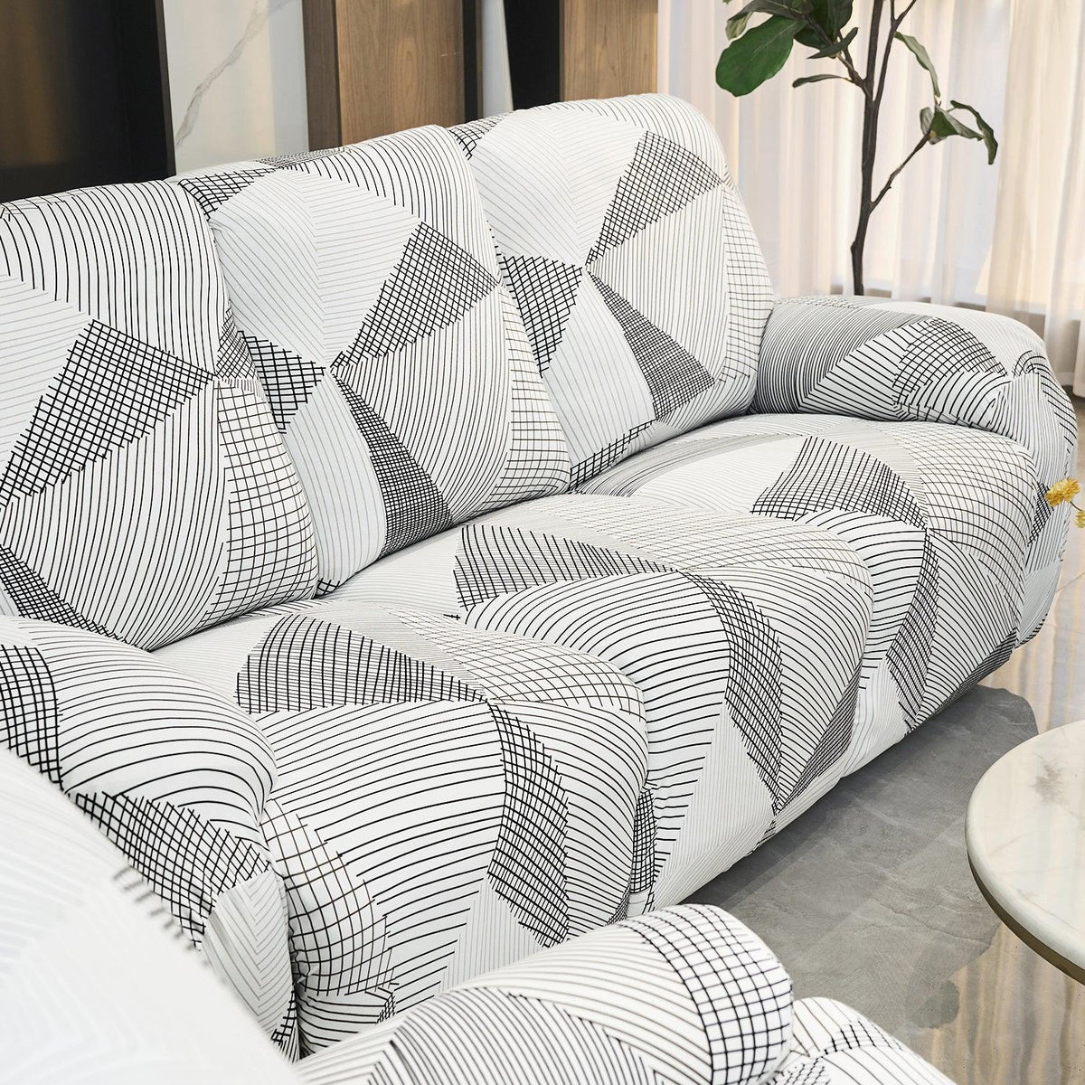 Elastic Stretchable Printed 140gsm Fully Covered Recliner Sofa Cover, Snow White Black Geometry - HOKIPO | Har Ghar ka Humsafar