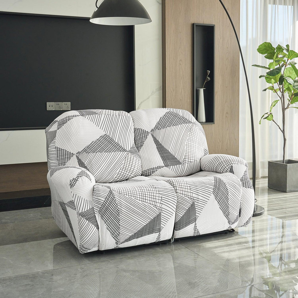 Buy two seater Snow White & Black Geometry Print elastic stretchable polyester recliner cover

