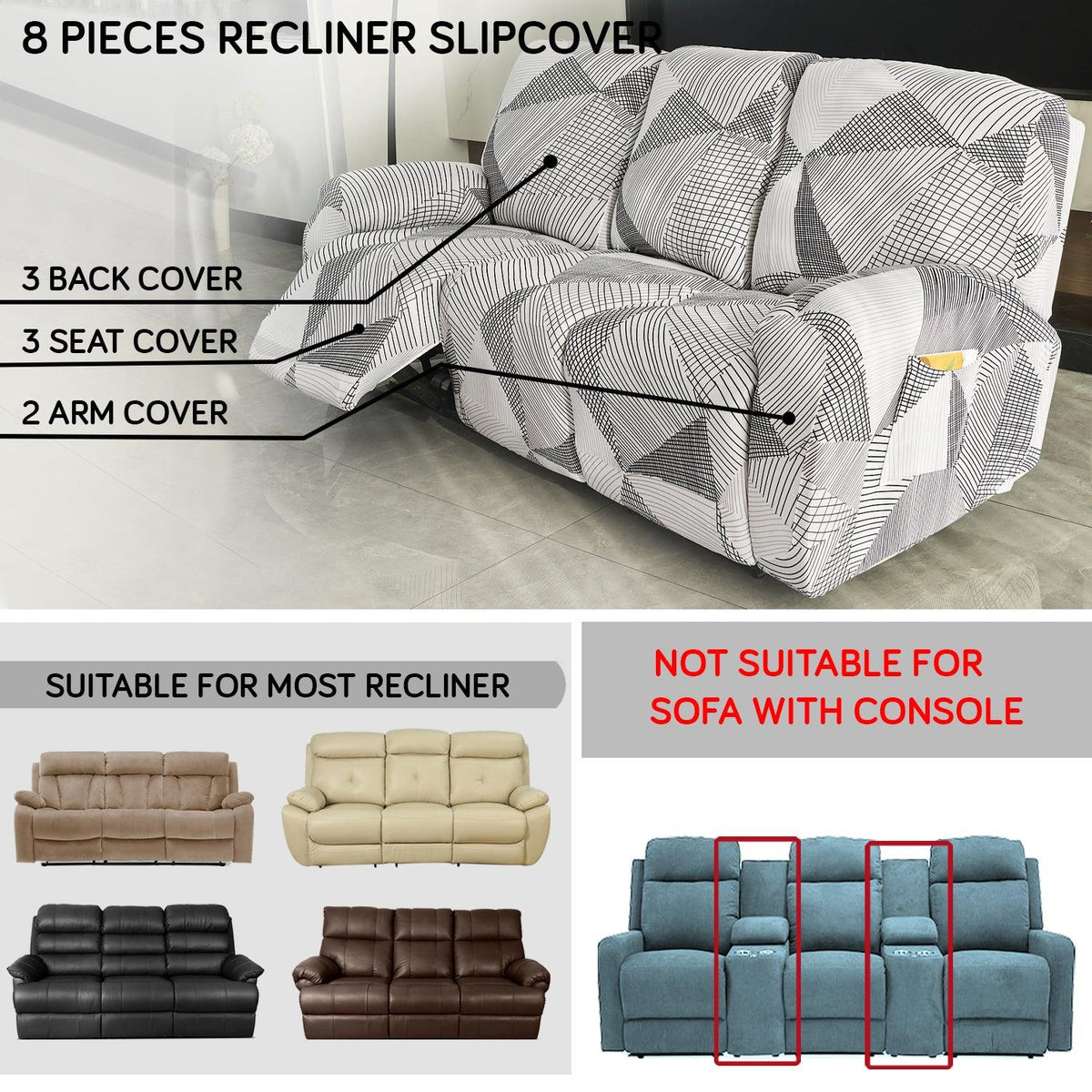 Elastic Stretchable Printed 140gsm Fully Covered Recliner Sofa Cover, Snow White Black Geometry - HOKIPO | Har Ghar ka Humsafar