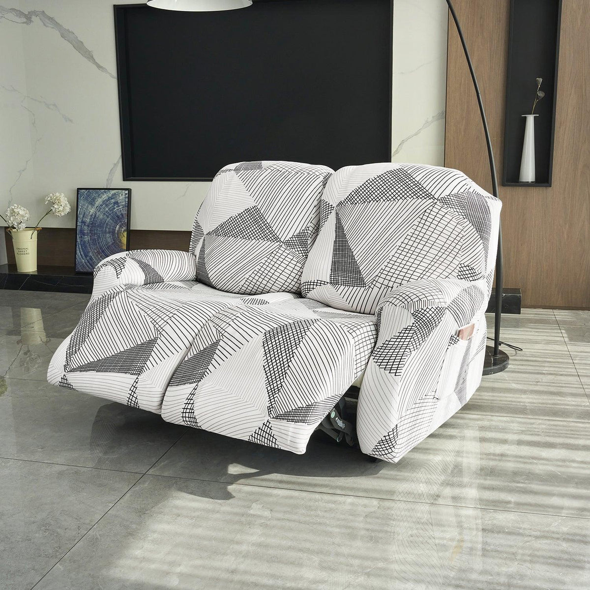 2 seater Snow White & Black Geometry Print elastic stretchable polyester recliner sofa cover

