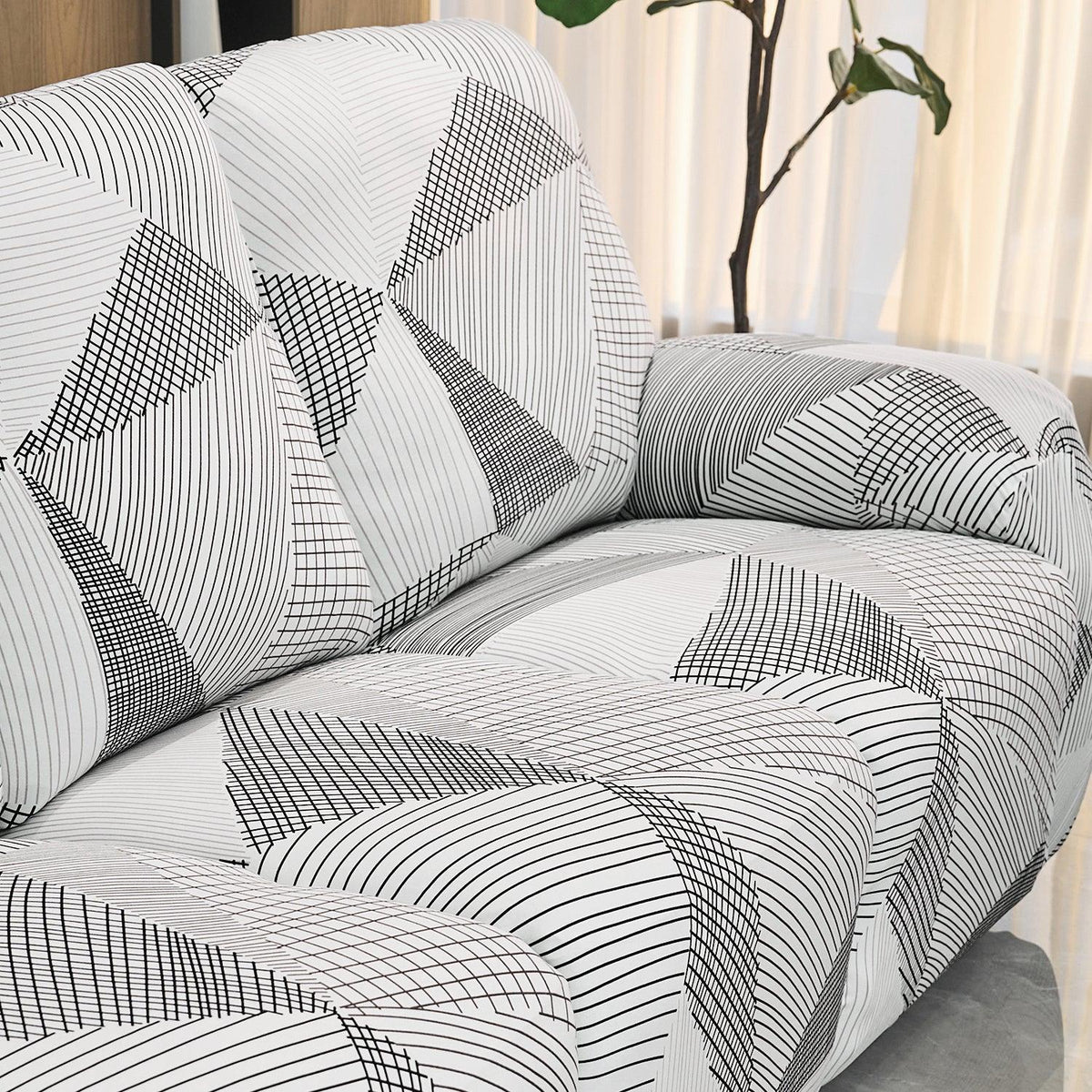 Elastic Stretchable Printed 140gsm Fully Covered Recliner Sofa Cover, Snow White Black Geometry - HOKIPO | Har Ghar ka Humsafar