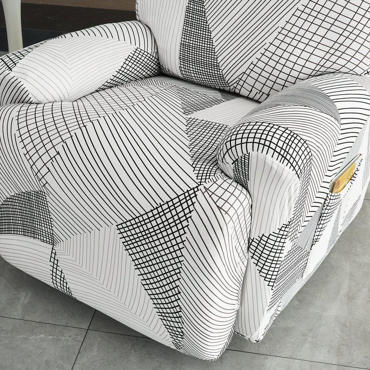 Modern and stylish Snow White & Black Geometry Print elastic stretchable polyester 1,2,3 seater recliner sofa covers set

