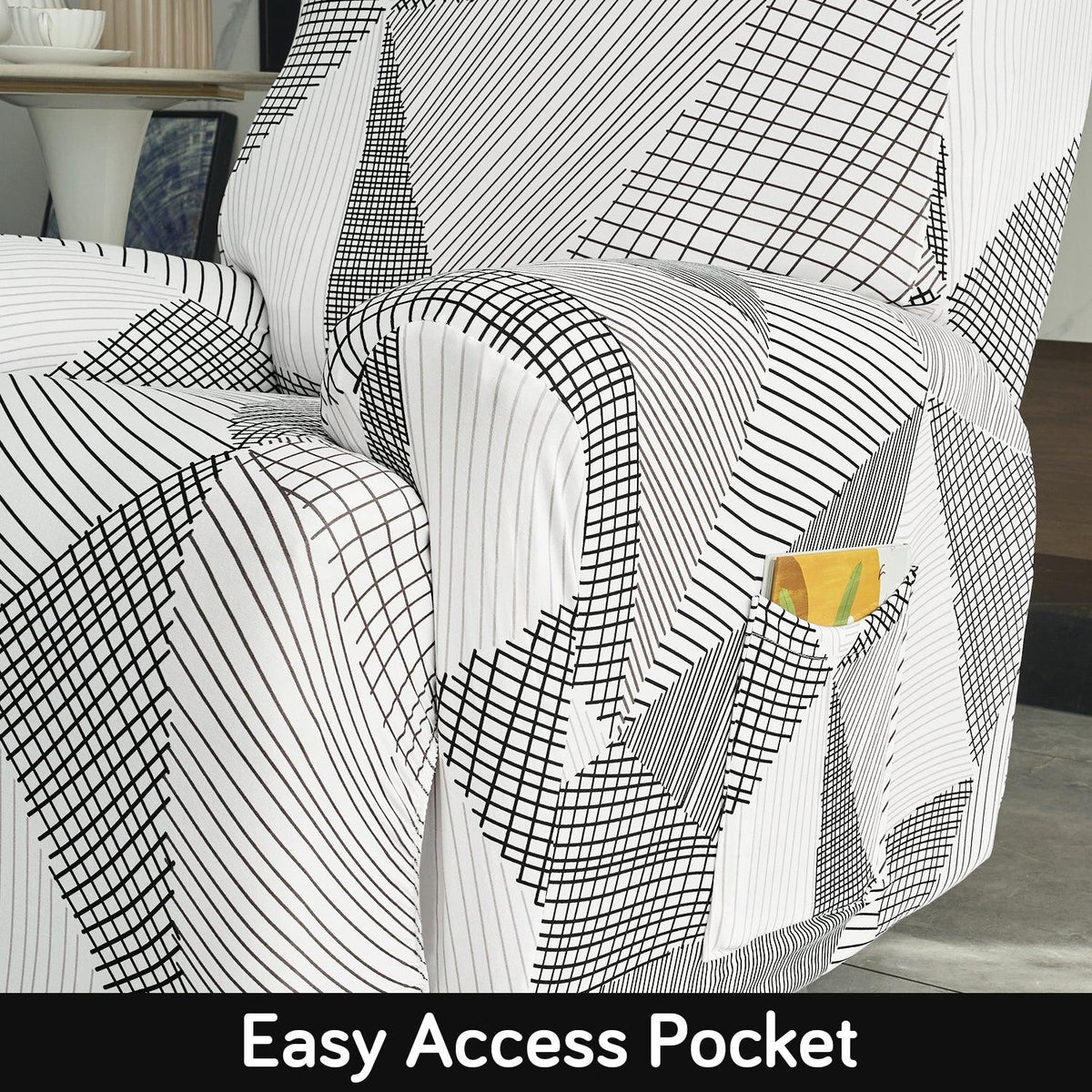 Best Snow White & Black Geometry Print1, 2, 3 seater elastic recliner sofa cover with pockets
