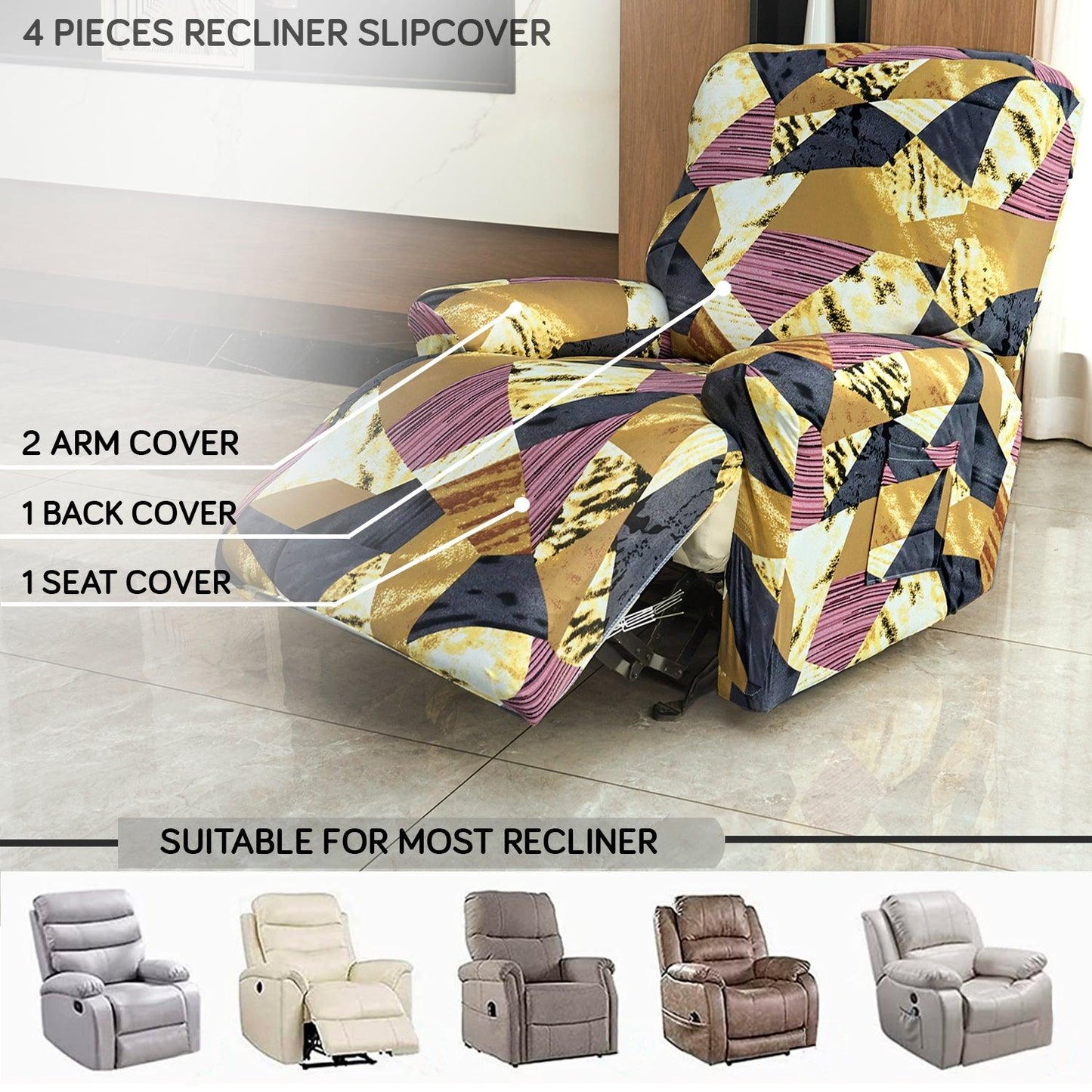 Elastic Stretchable Printed 140gsm Fully Covered Recliner Sofa Cover, Wine Abstract Geometry - HOKIPO | Har Ghar ka Humsafar