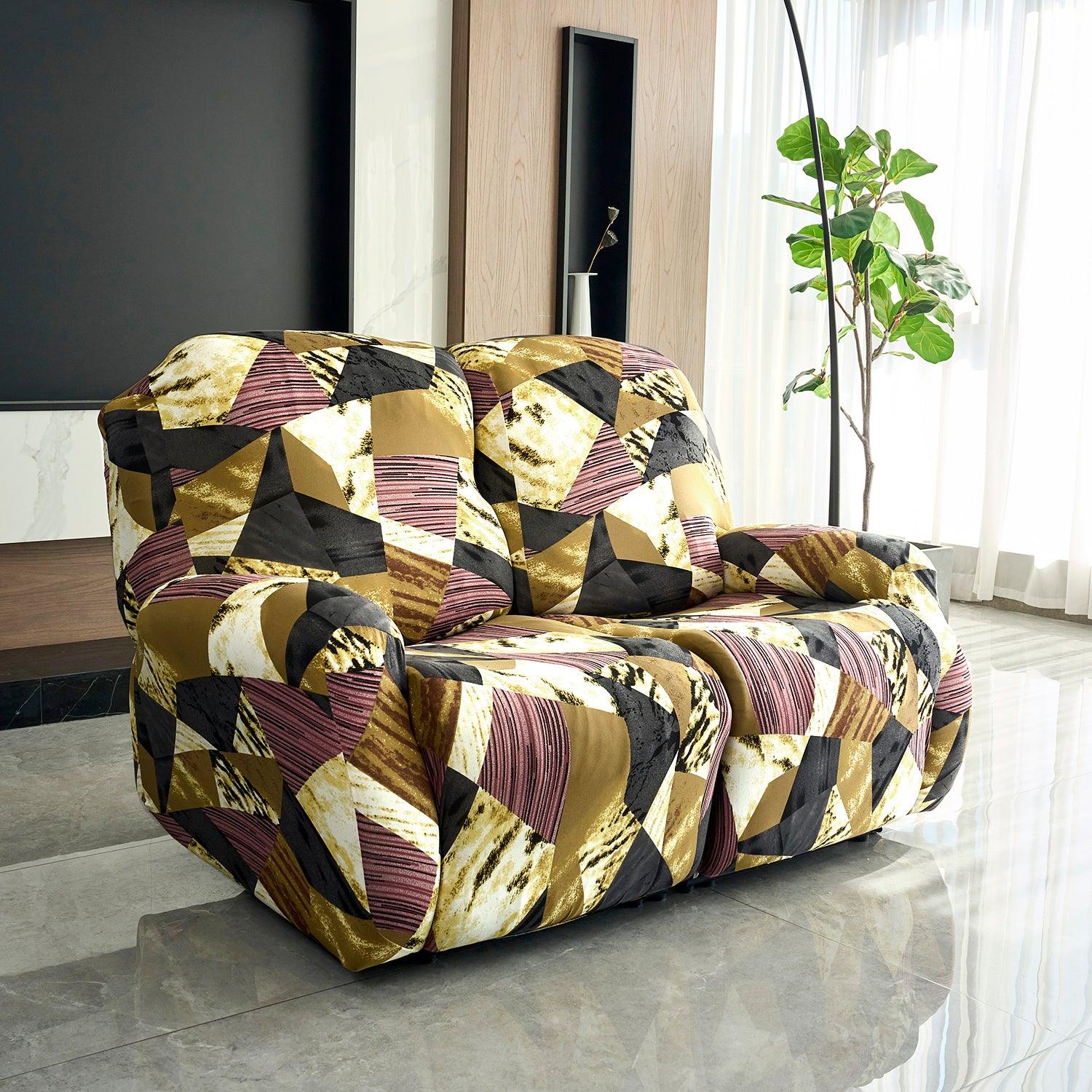 Elastic Stretchable Printed 140gsm Fully Covered Recliner Sofa Cover, Wine Abstract Geometry - HOKIPO | Har Ghar ka Humsafar