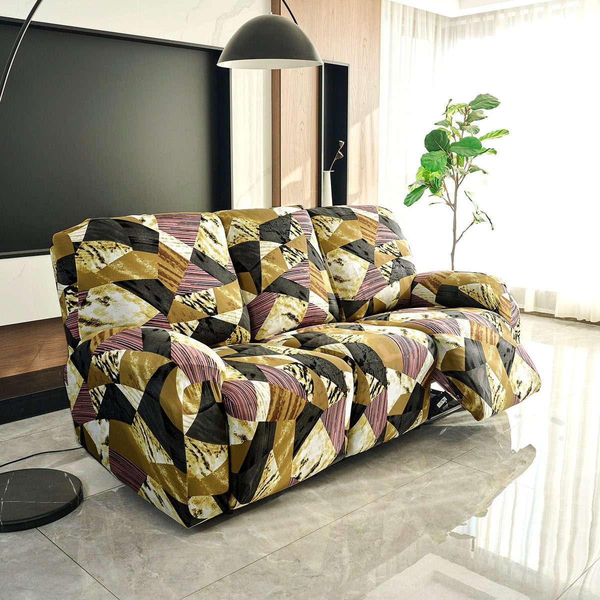 Elastic Stretchable Printed 140gsm Fully Covered Recliner Sofa Cover, Wine Abstract Geometry - HOKIPO | Har Ghar ka Humsafar