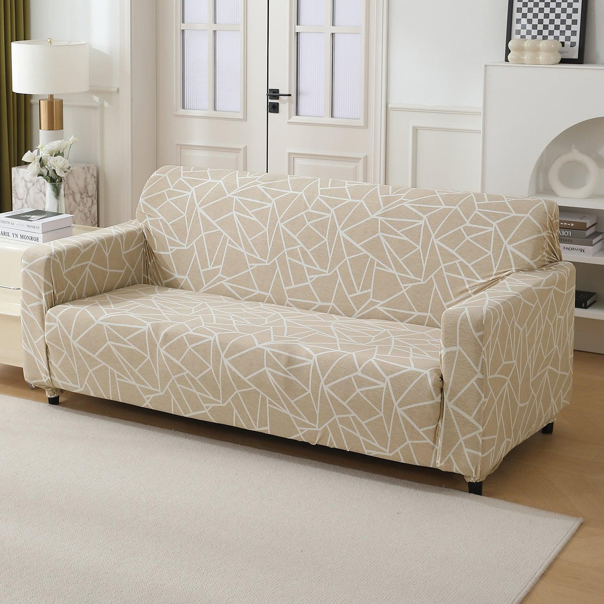 Beige Abstract Geometry Print Elastic 3 seater sofa cover​s  
