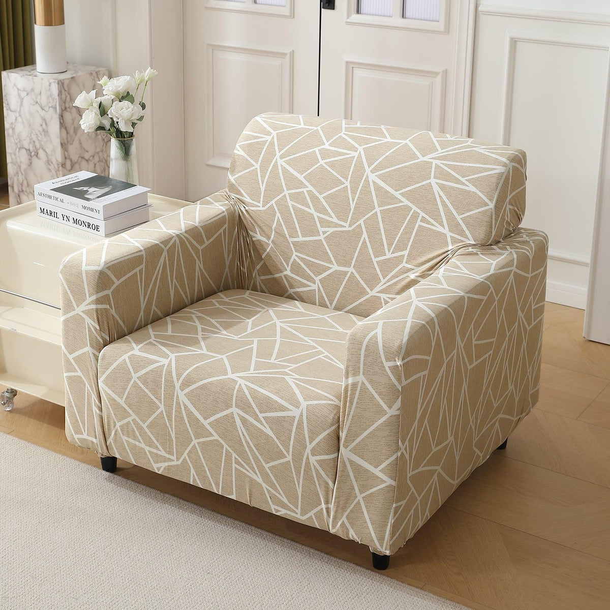 Buy Beige Abstract Geometry Print Elastic single seater sofa cover​s  

