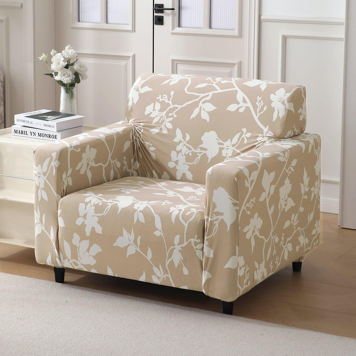 Buff brown silhouette floral print elastic single sofa cover​ 
