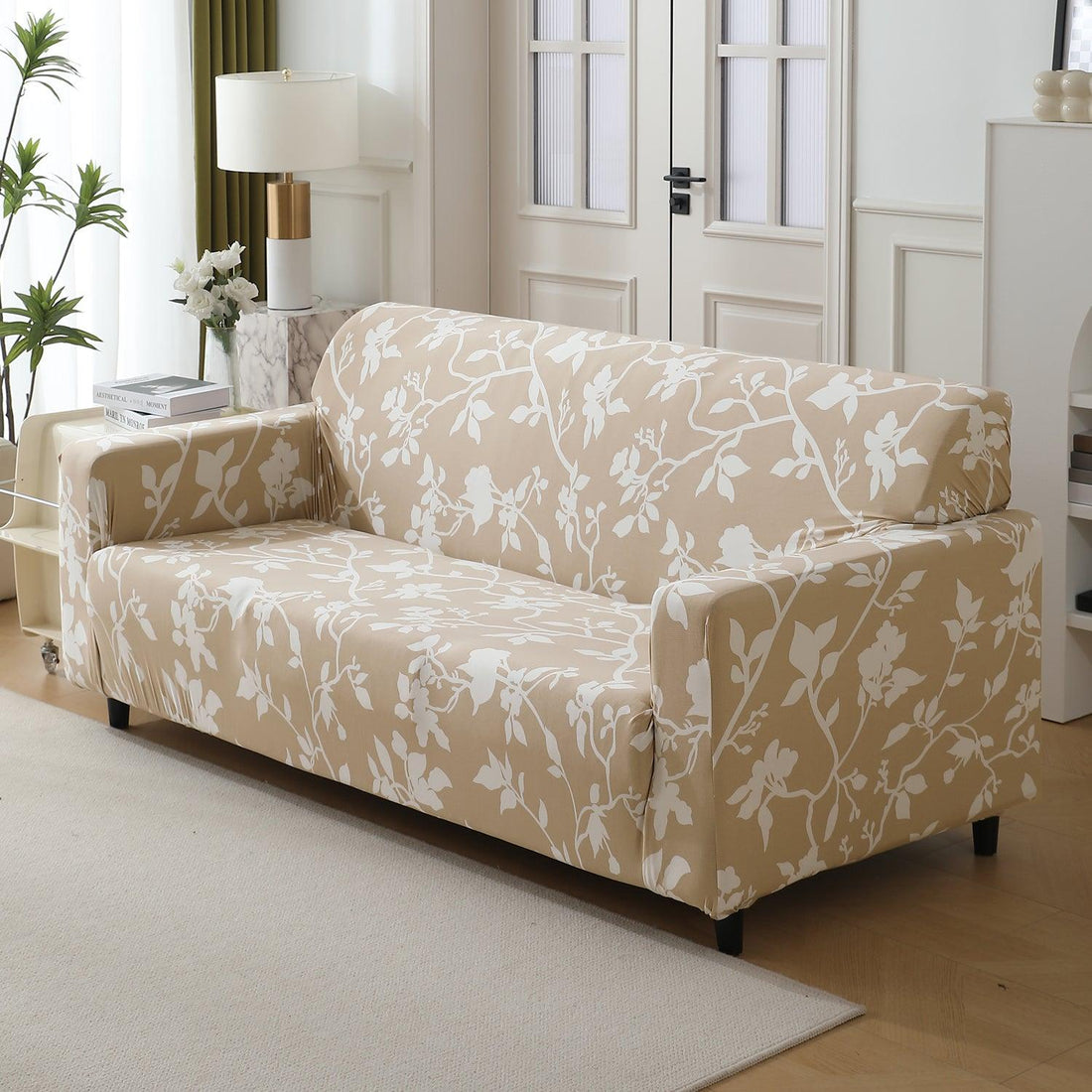 Buff brown silhouette floral print elastic 3 seater sofa cover​

