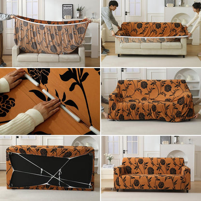 Elastic Stretchable Printed 140gsm Fully Covered Sofa Cover, Copper Brown Floral - HOKIPO | Har Ghar ka Humsafar