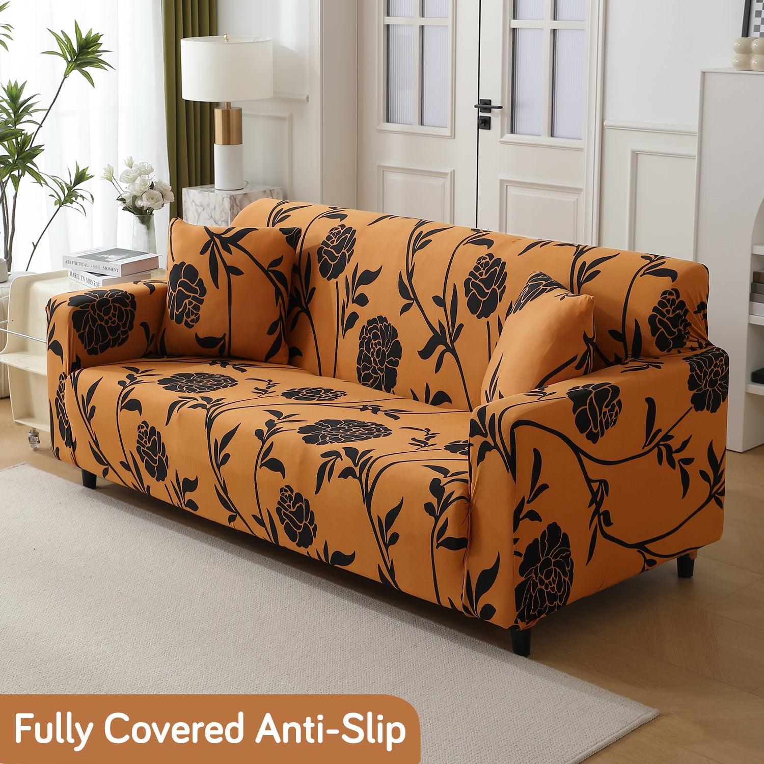 Elastic Stretchable Printed 140gsm Fully Covered Sofa Cover, Copper Brown Floral - HOKIPO | Har Ghar ka Humsafar