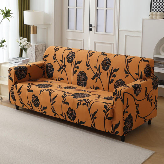 Elastic Stretchable Printed 140gsm Fully Covered Sofa Cover, Copper Brown Floral - HOKIPO | Har Ghar ka Humsafar