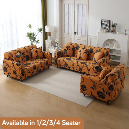 Elastic Stretchable Printed 140gsm Fully Covered Sofa Cover, Copper Brown Floral - HOKIPO | Har Ghar ka Humsafar