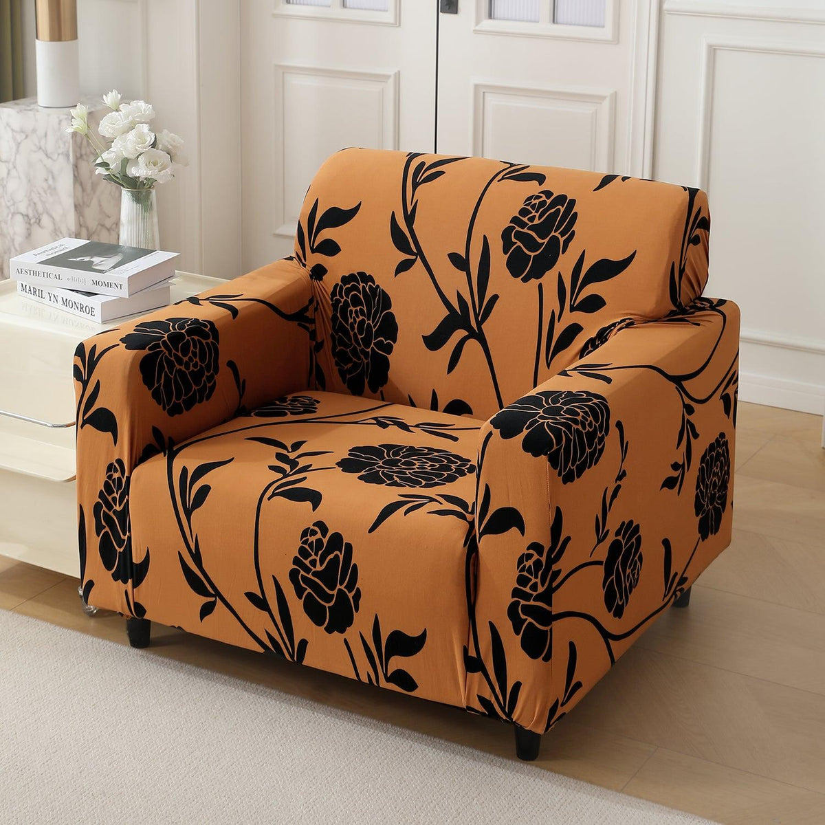Copper Brown Floral Printed stretchable single sofa cover​