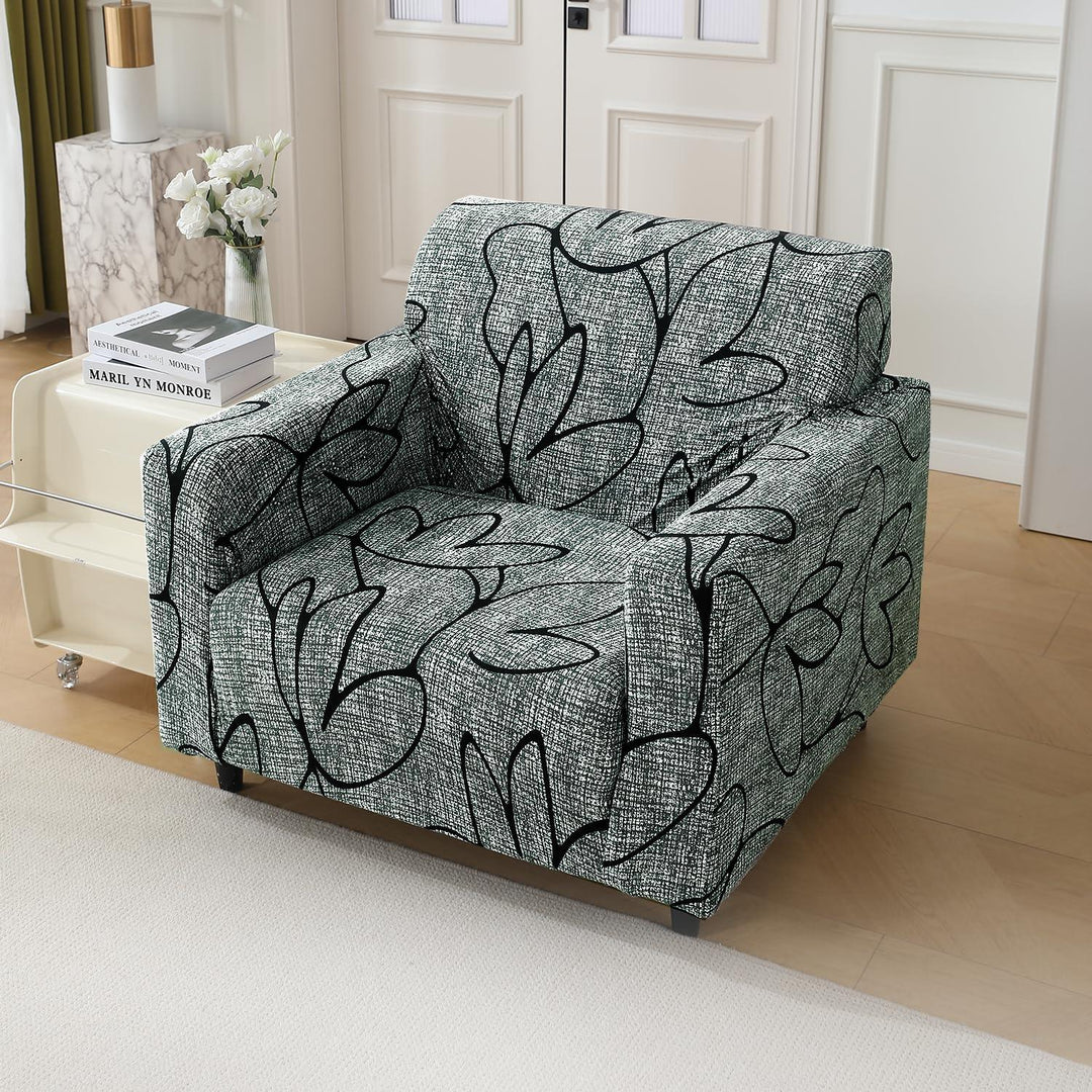 Elastic Stretchable Printed 140gsm Fully Covered Sofa Cover, Intense Grey  Abstract Floral Seater
