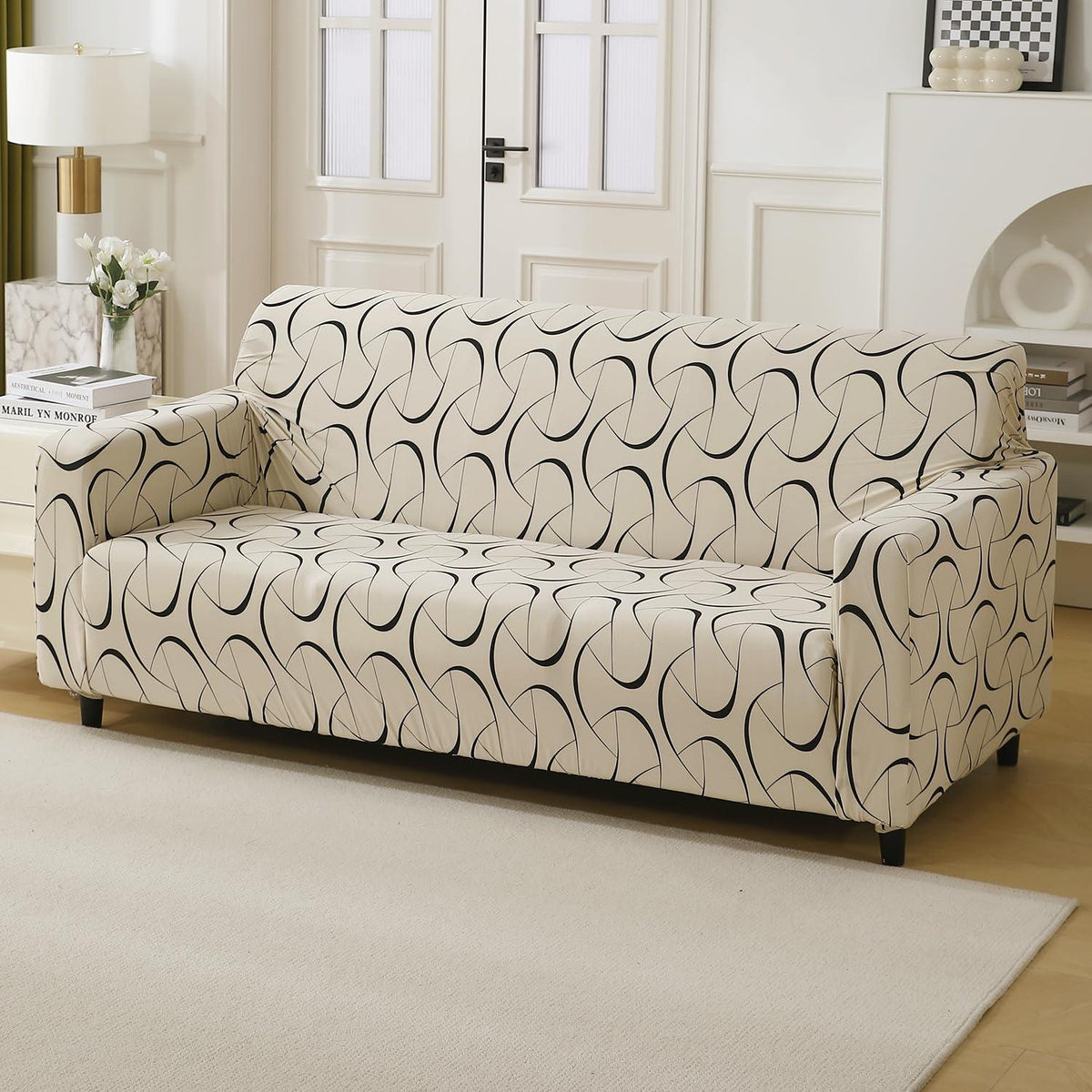 Natural Beige Abstract Art Print elastic 3 seater sofa cover​s
