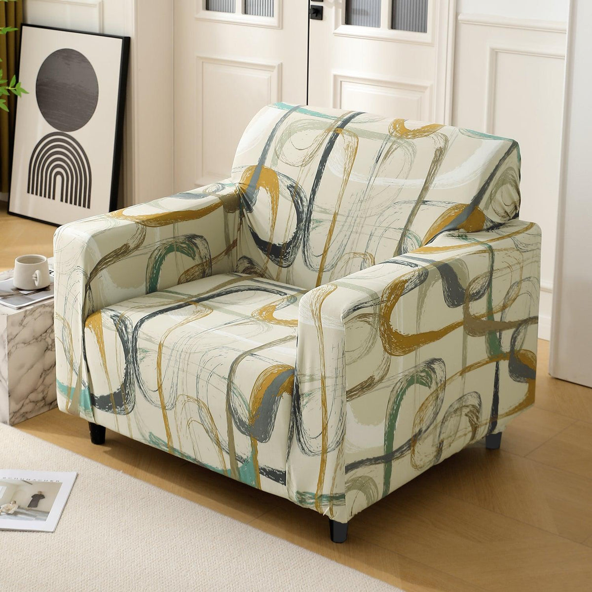 Parchement Beige Abstract Art stretchable single sofa cover​